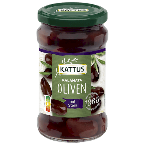 Schwarze Kalamata Oliven mit Stein in Glas