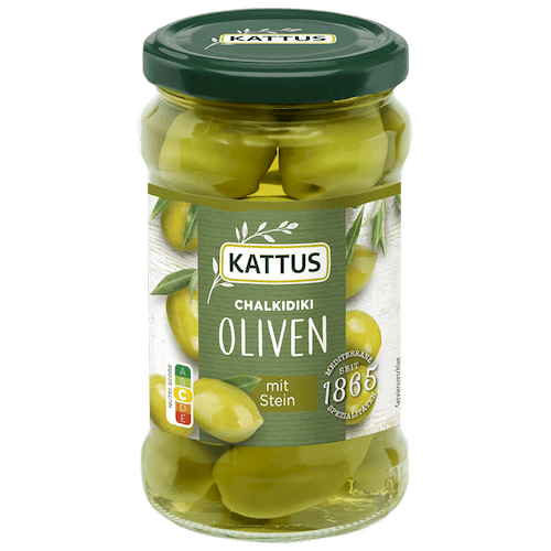Grüne Chalkidiki Oliven mit Stein in Glas