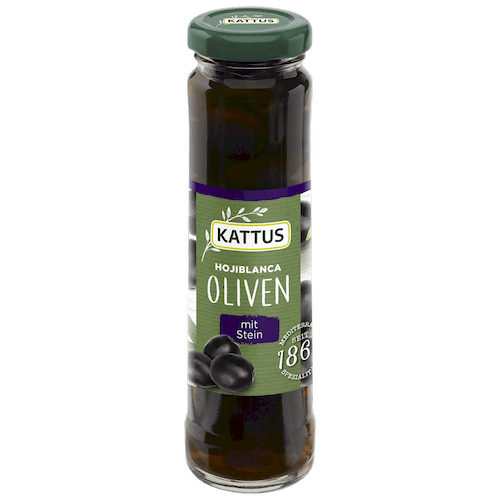 Schwarze Hojiblanca Oliven mit Stein in Glas