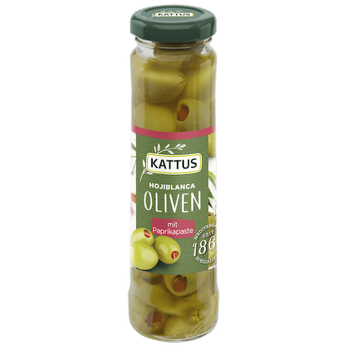 Grüne Hojiblanca Oliven mit Paprikapaste in Glas