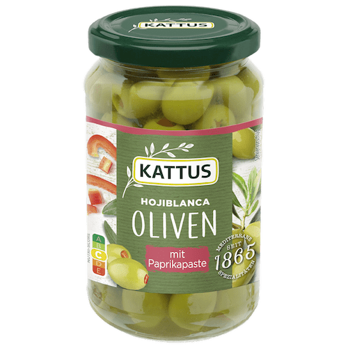 Grüne Hojiblanca Oliven mit Paprikapaste in 350-g-Glas