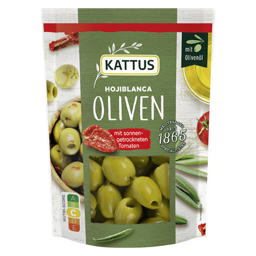 Grüne Hojiblanca Oliven mit getrockneter Tomate im Beutel